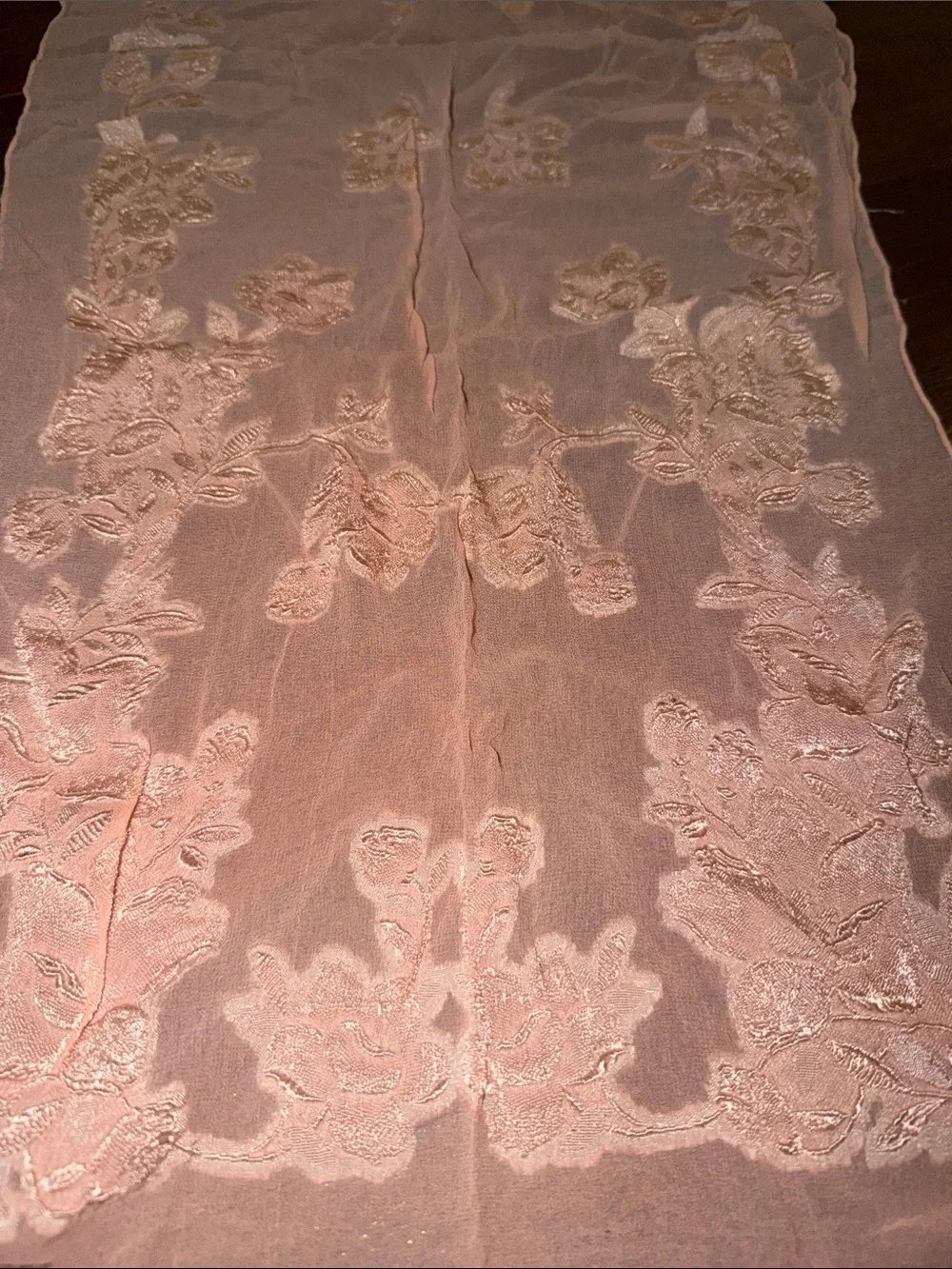 Vintage Sheer Floral Embroidered Lace Scarf Blush Pink